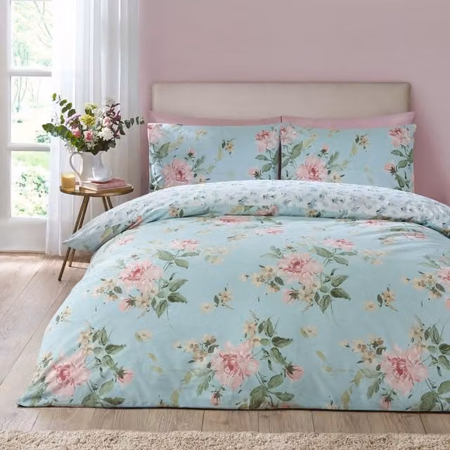 Catherine Lansfield Avebury Floral Reversible Duvet Cover Set in Duck Egg Blue, 200 x 200 cm