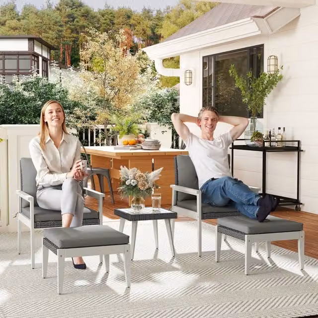 Outsunny 5 Piece Grey Rattan Patio Furniture Set with Footstools and Acacia Wood Accents