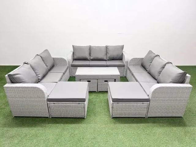 Fimous PE Rattan 3 Seater Sofa Set with Oblong Coffee Table and 4 Footstools in Light Grey