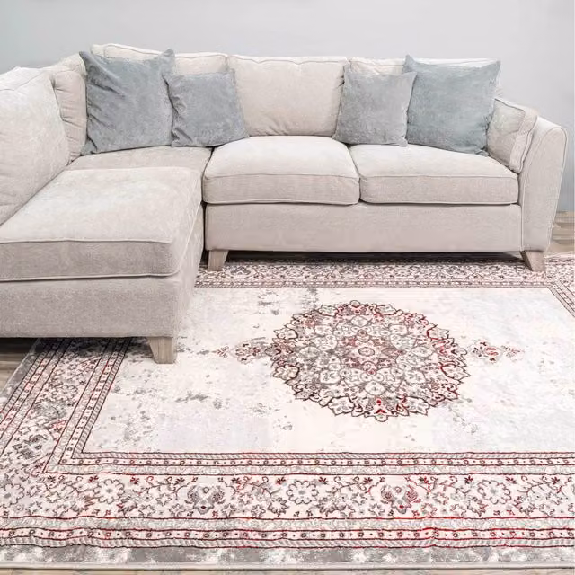 The Rug House Traditional Medallion Bordered Area Rug in Red, Silver and Grey, W: 110 cm, D: 60 cm