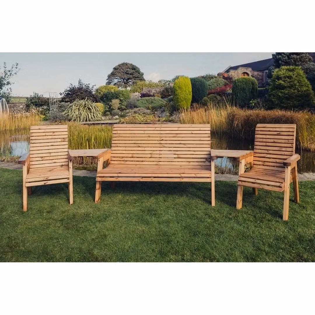 Churnet Valley Garden Furniture 5 Seat Bistro Set with 3 Seater Bench, 2 Chairs and Angled Trays in Brown Oiled Pine – 3