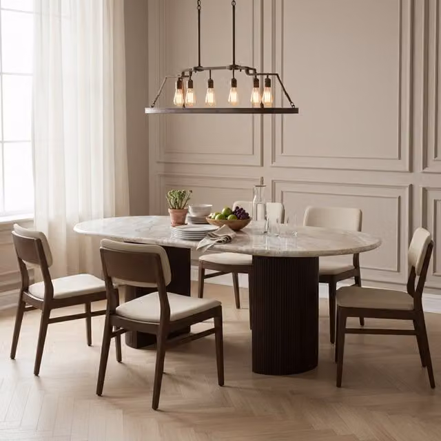 IH Design Ajmer Oval Natural Stone Marble Dining Table with Dark Wood Legs, 6 to 8 Seater, Tan