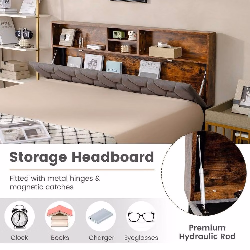NESTLUNE Grey Velvet Upholstered Double Bed Frame with Lift Up Base – 4