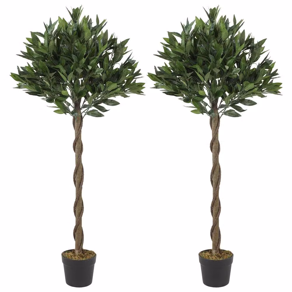 OUTSUNNY Set of 2 Green Artificial Bay Laurel Topiary Trees with Twisted Trunk and Concrete Base – 2
