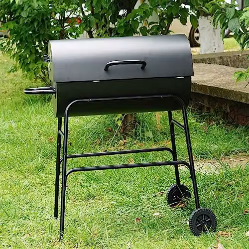 Gr8 Garden Large Black Steel Oil Drum Charcoal BBQ Grill with Warming Rack and Wheels – 3