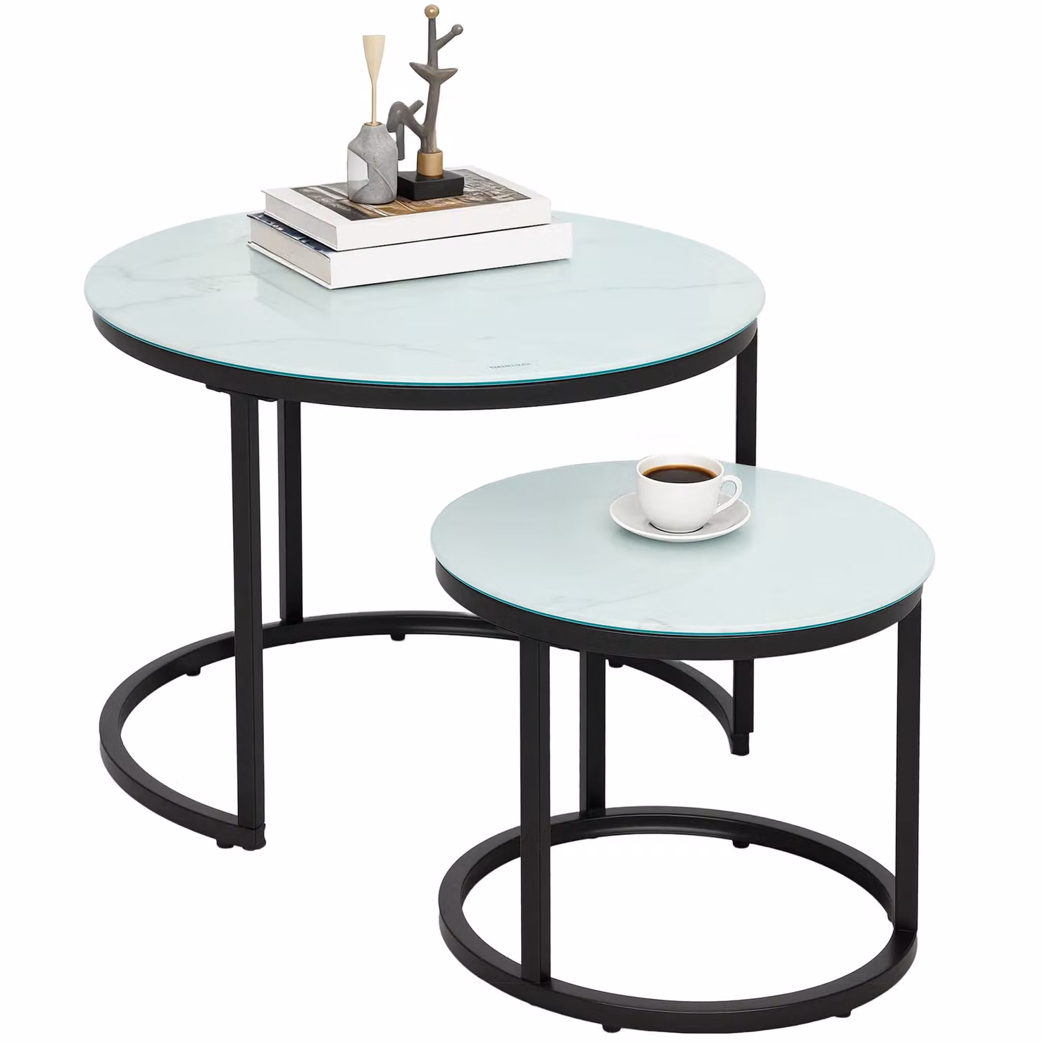 HOMCOM Set of 2 Round White Glass Nest of Tables with Sled Base – 2