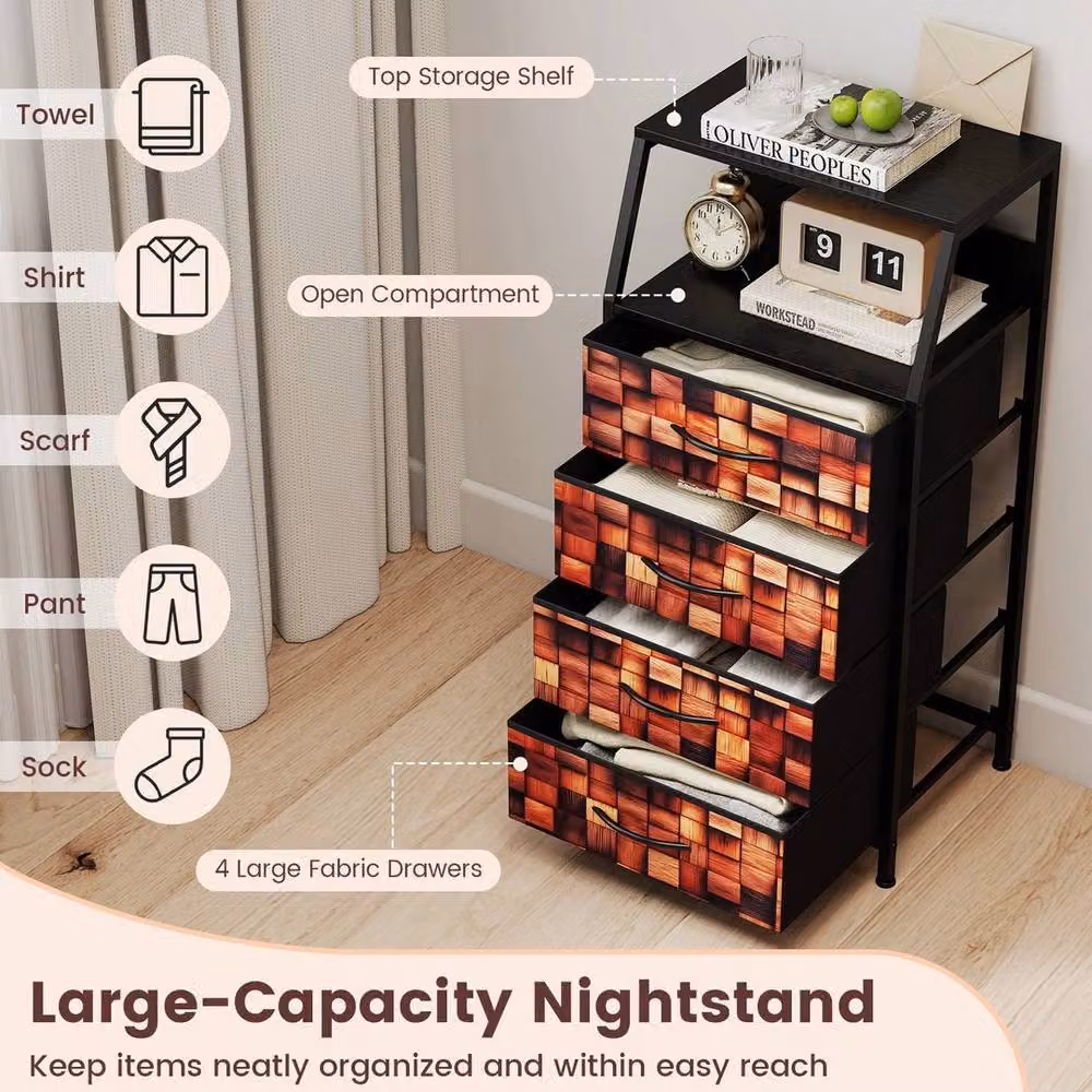 VOGREX Tall Industrial Nightstand with 4 Fabric Drawers in Brown – 5