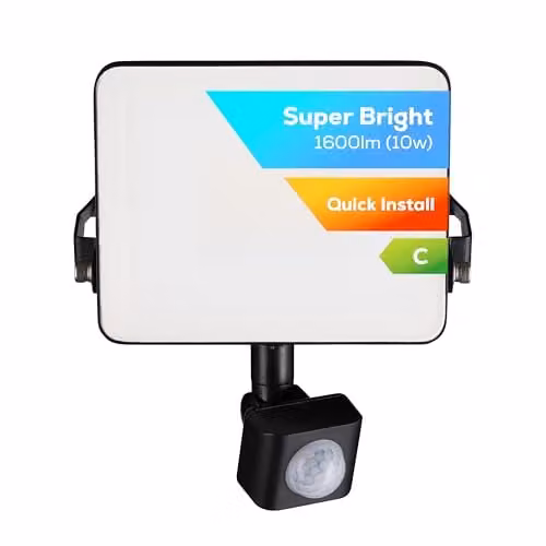 TCP 10W LED Security Floodlight with PIR Motion Sensor, 1600lm, Cool White 4000K, IP44 Waterproof, Black