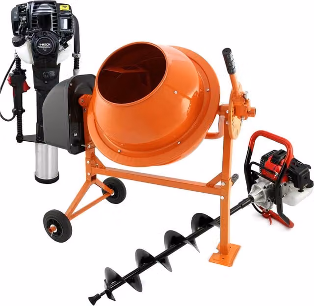 T-Mech 3-in-1 Earth Auger, Cement Mixer and 120mm 4 Stroke Post Driver in Black and Orange