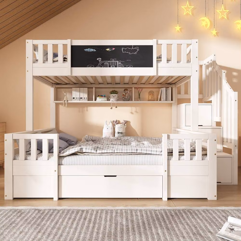 Rolipo Kids Bunk Bed with Staircase and Storage Drawers in White Solid Wood – 4