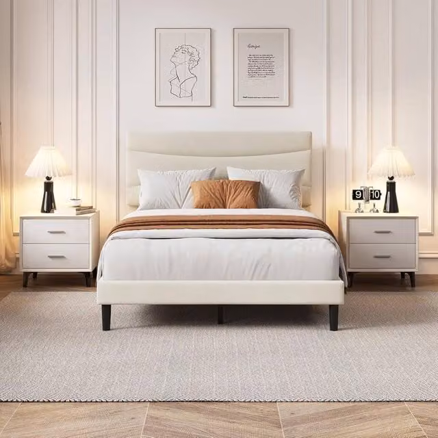 London Boutique Double Size Upholstered Bed Frame with Headboard in Beige, W/D/H: 140 x 200 cm – 1