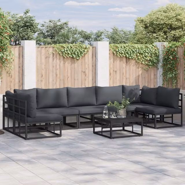 Berkfield Home 7 Piece L-Shape Garden Sofa Set in Black with Powder Coated Aluminium Frame, W: 353 cm, D: 141.5 cm, H: 71 cm