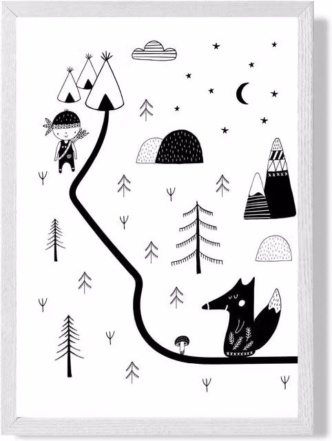ARTZE Scandi Map Framed Print with White Frame in Black, A2