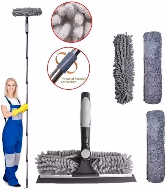 FLAVORA Grey Telescopic Window Squeegee with Microfibre Glass Cleaner and Extendable Handle