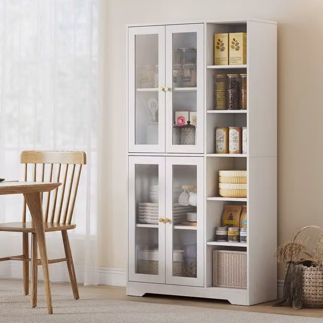 HOMCOM Modern White Tall Kitchen Cupboard with Glass Doors and Soft-Close Functionality