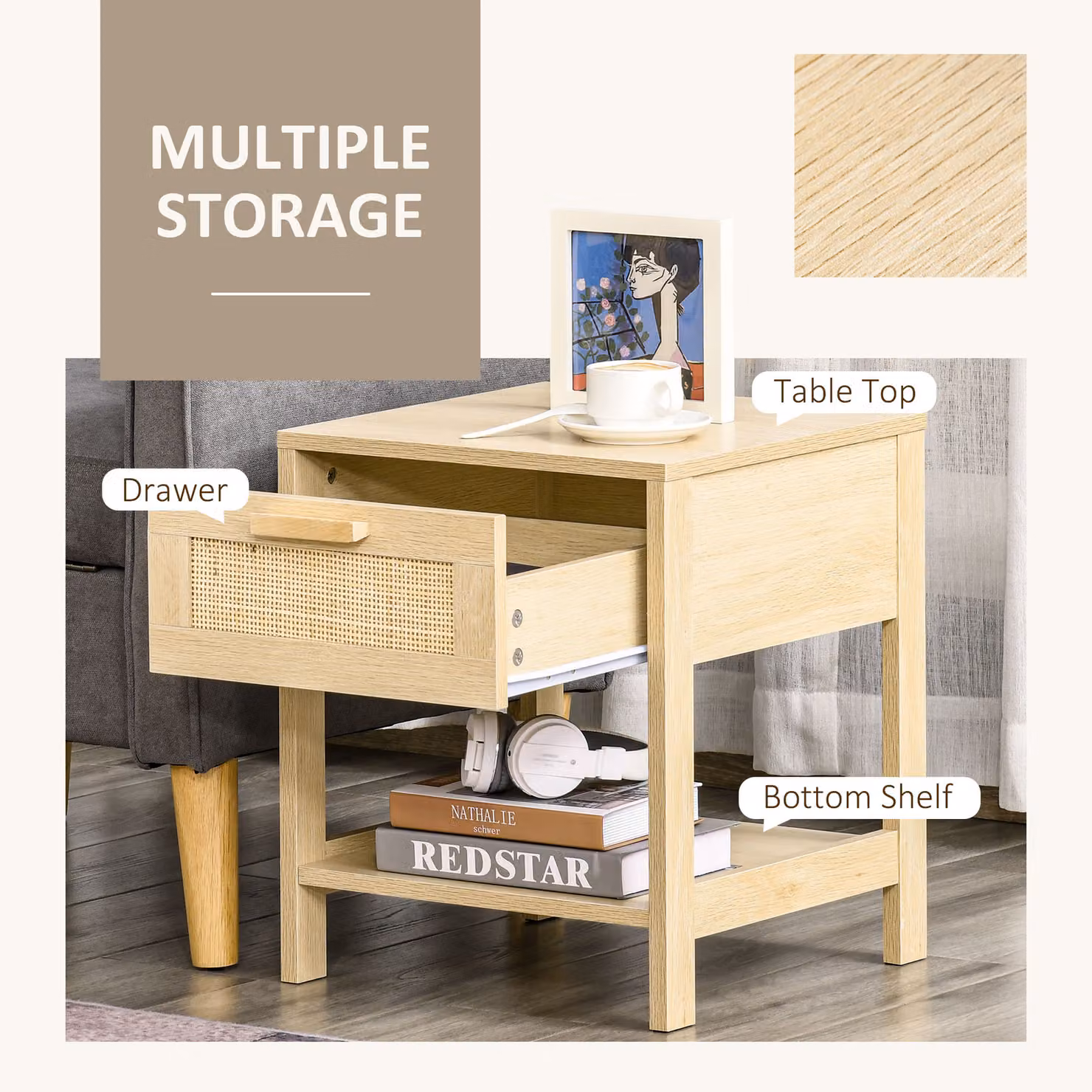 HOMCOM Set of 2 Rustic Bedside Tables with Rattan Drawers and Storage Shelves, Brown – 3