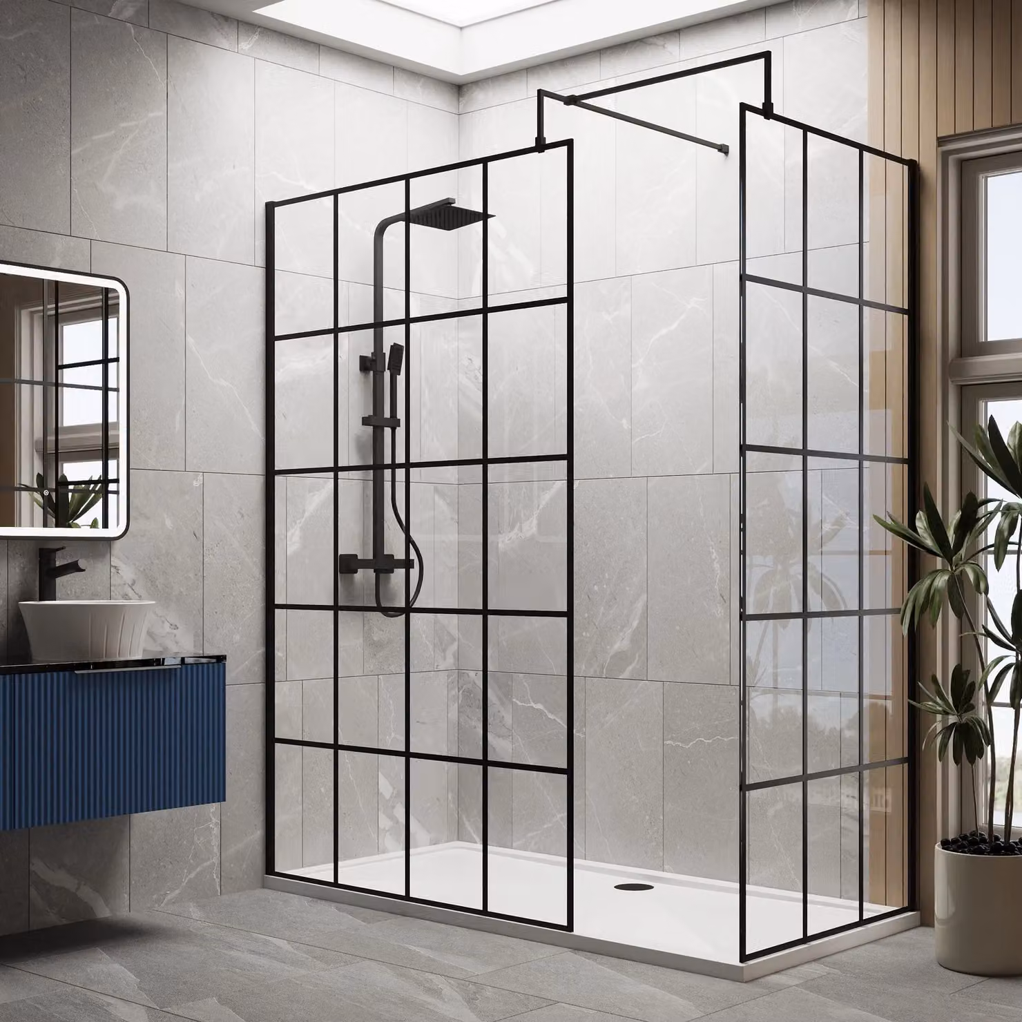 Balterley 8mm Glass Walk-in Wetroom Screen with Frame Design and Tray, Black, W: 1700 cm, D: 90 cm – 2