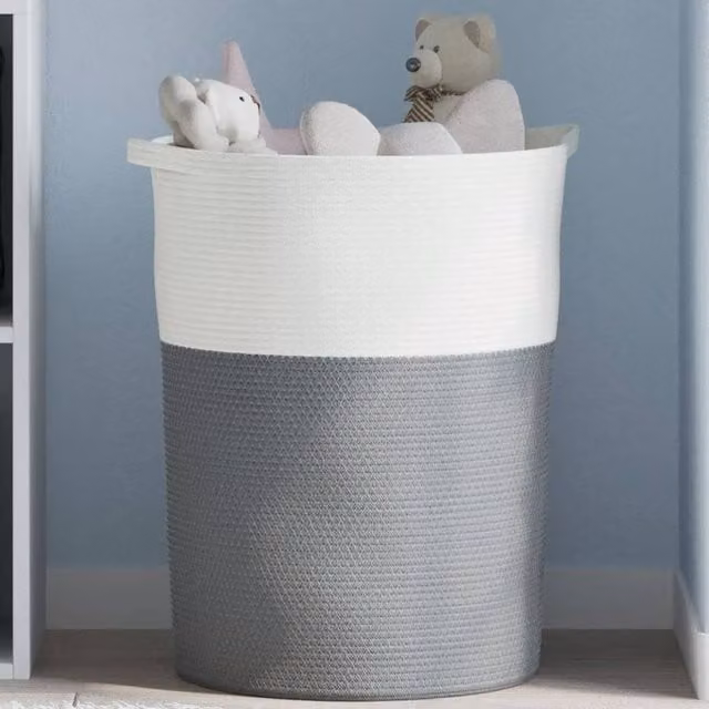 Berkfield Grey and White Open Weave Cotton Storage Basket with Handles, W: 49 cm, H: 65 cm – 1
