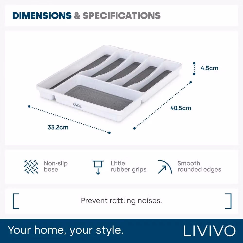 LIVIVO Non-Slip White Plastic Cutlery Tray with 6 Compartments – 5