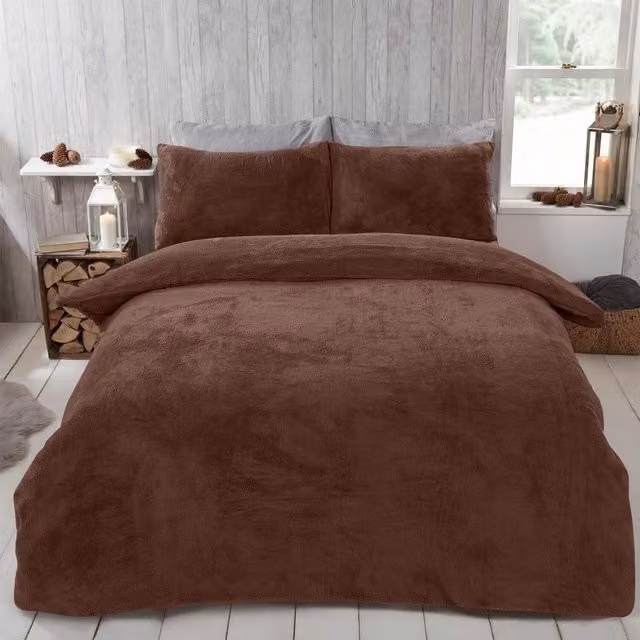 Brentfords Brown Teddy Fleece Duvet Cover and Pillowcase Set, W: 140 cm, L: 200 cm
