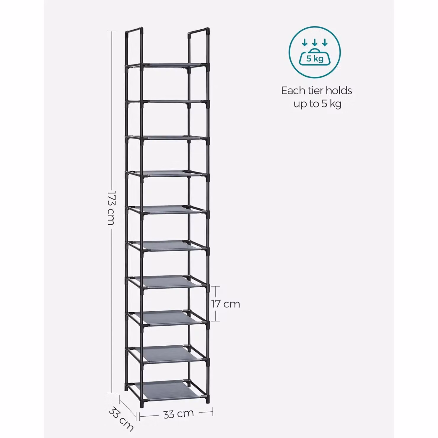SONGMICS 10-Tier Space Saving Shoe Rack with Adjustable Shelves and Metal Frame in Grey – 3