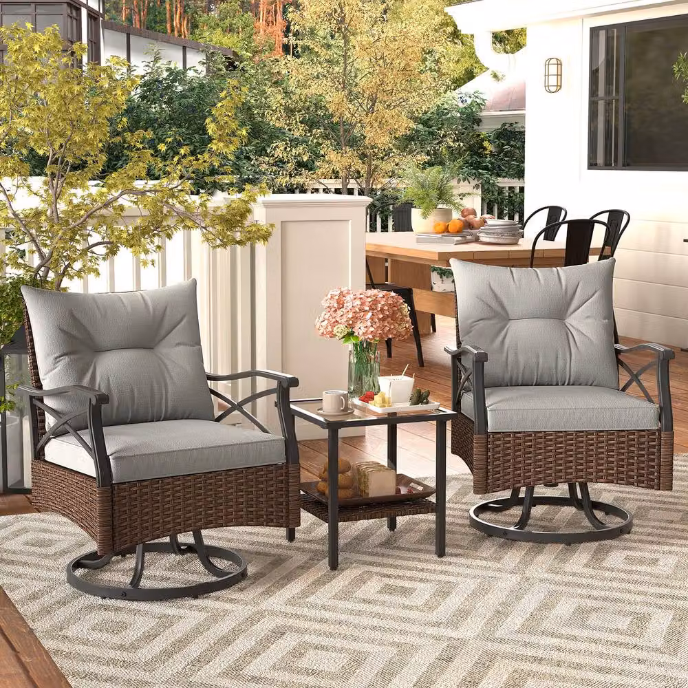 Gymax Brown Polyrattan Patio Swivel Rocker Set with 3 Upholstered Armchairs and 2-Tier Coffee Table – 9