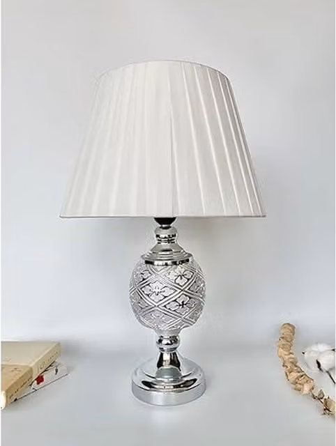 DEENZ Silver Ornate Table Lamp with Ceramic and Metal Base and White Fabric Shade