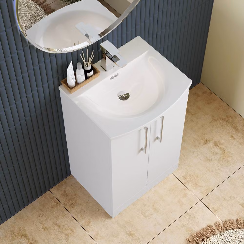 Balterley White Glossy Floor Standing Bathroom Vanity Unit with Rectangular Basin and Soft Close Doors – 3