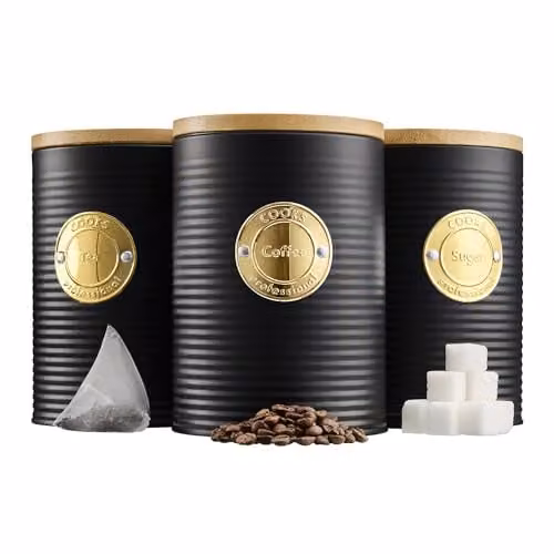 Cooks Professional 3 Piece Ribbed Tea, Coffee and Sugar Canister Set with Airtight Bamboo Lids in Black and Gold Stainless Steel – 1