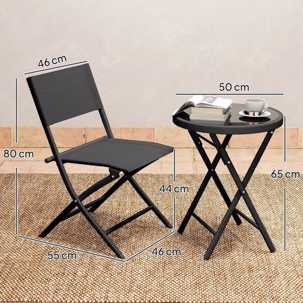 SPETLEK 3 Piece Outdoor Bistro Set with Glass Top Table and Chairs in Black, W/D/H: 100 x 100 x 65 cm – 2