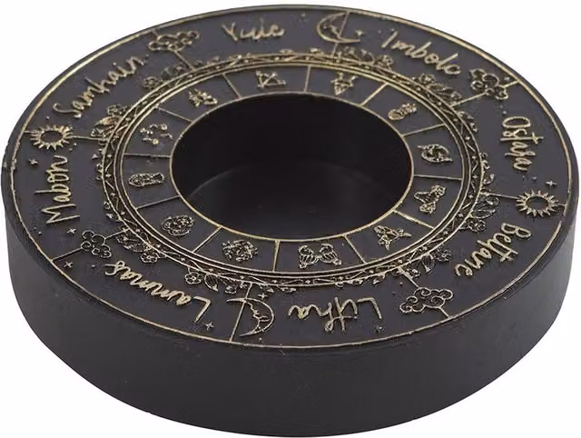 Kingsbury Gifts Wheel of the Year Tealight Candle Holder, Black Round Tabletop Design