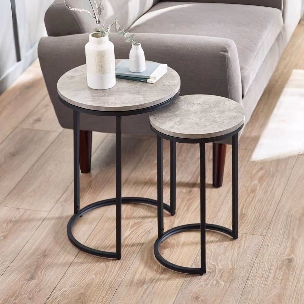 Cheshire Harstad Round Nesting Side Tables in Grey Concrete and Black – 2