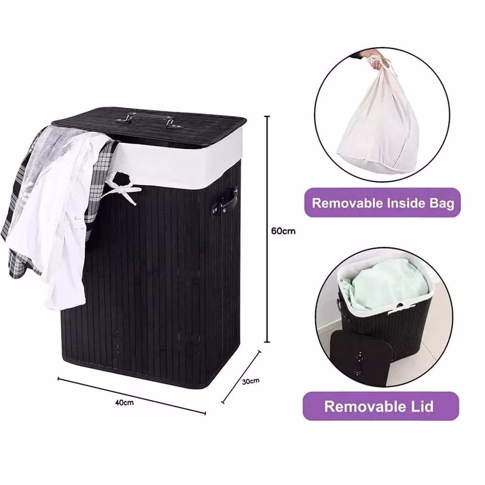 SPETLEK 72L Bamboo Laundry Basket with Lid and Handles, Black, Collapsible – 1