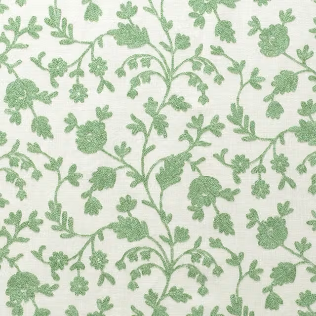 Fibre Naturelle Lucca Embroidered Floral Fabric in Thyme Green