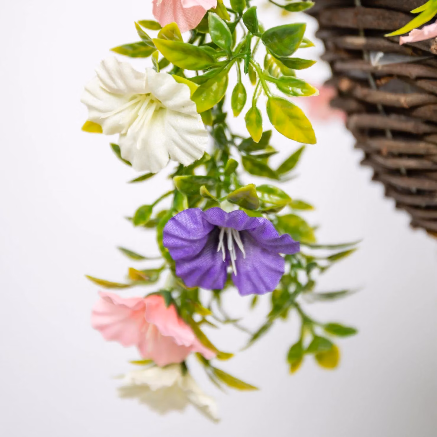 Primrose Pair of Artificial Petunia Flowers in Rattan Hanging Baskets, Pink, Purple and White, Diameter: 25 cm – 4