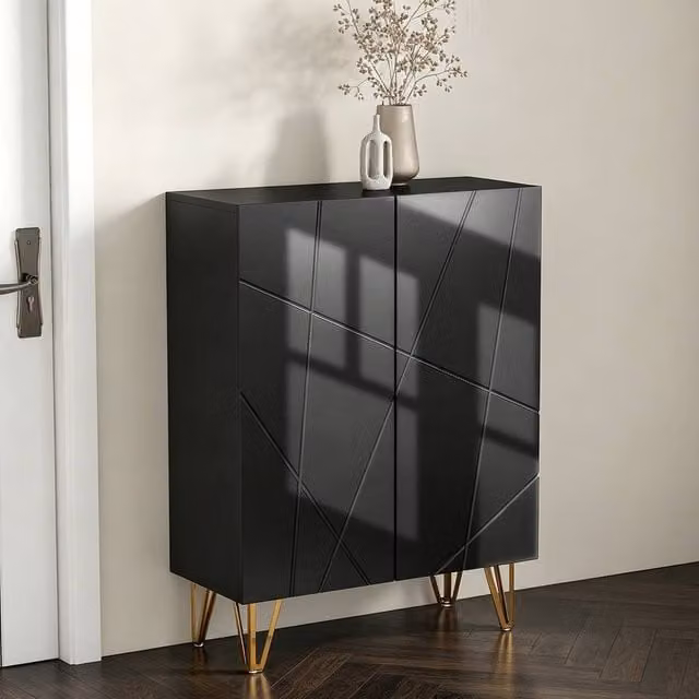 ERGOVEXA Modern Glossy Black Narrow Shoe Cabinet with Soft-Close Hinged Doors and Internal Shelves – 1