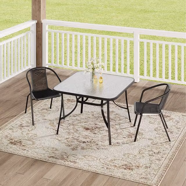 Komore Black Rattan Garden Table and Three Chairs Set with Glass Top