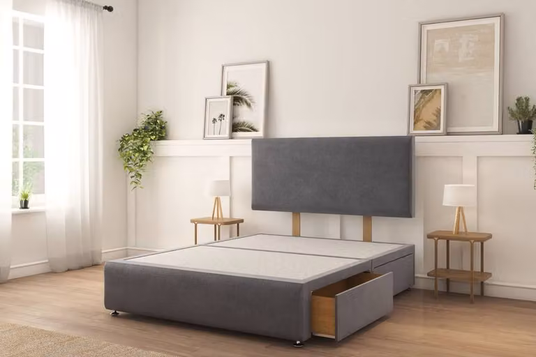 Sloomy Sterling Plush Divan Bed Set with 2 Right-Side Drawers, 26 inch Strutted Headboard and 12 inch Matching Footboard, Dark Grey, W/D/H: 120 x 200 x 76.2 cm