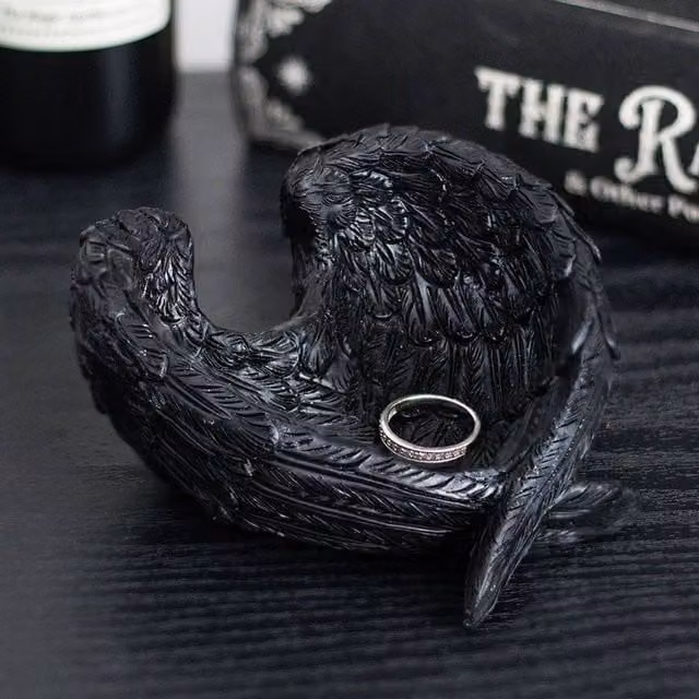 Uniqueful Raven Wings Gothic Trinket Dish in Black