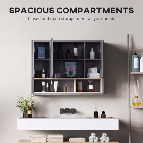 HOMCOM Grey 3-Door Wall-Mounted Bathroom Mirror Cabinet with Internal Shelves – 3
