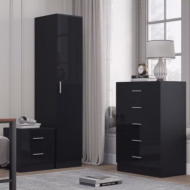 Reflect Modern Bedroom Furniture Set in Black Gloss and Black Oak Finish including 1 Door Wardrobe, 5 Drawer Chest and 2 Drawer Bedside Table