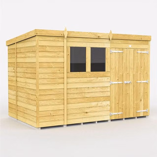 DIYSHEDS Pent Shed with Double Doors and Windows, Tanalised Pressure Treated Wood, Green, W: 304.8 cm, D: 304.8 cm, H: 213.36 cm