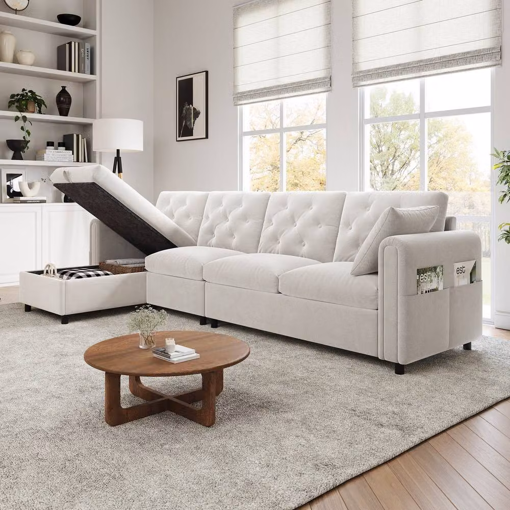 FENCHILIN Velvet L-Shaped Sectional Sofa with Reversible Chaise and Sleeping Function in Beige – 3