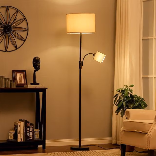 Livingandhome 2-Light Floor Standing Lamp with Adjustable Head in Black and Beige