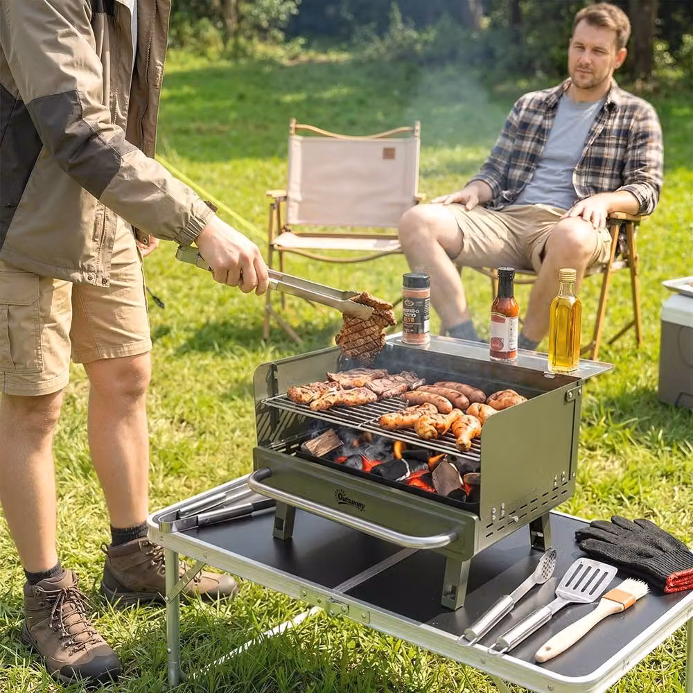 Outsunny Portable Tabletop Charcoal Barbecue Grill with Stainless Steel Warming Rack in Green – 2