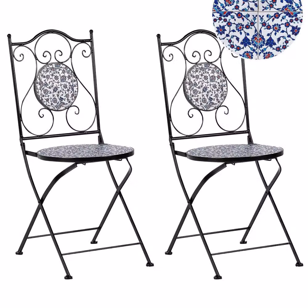 Wyld and Coco Set of 2 Folding Garden Chairs with Blue Ceramic Mosaic Tiles and Black Metal Frame – 2