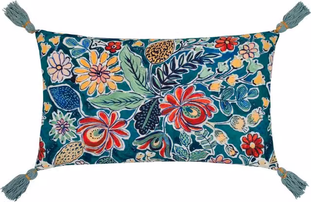 Make it a Home Adeline Floral Tasselled Rectangular Cushion in Multicolour and Blue with Feather Filling
