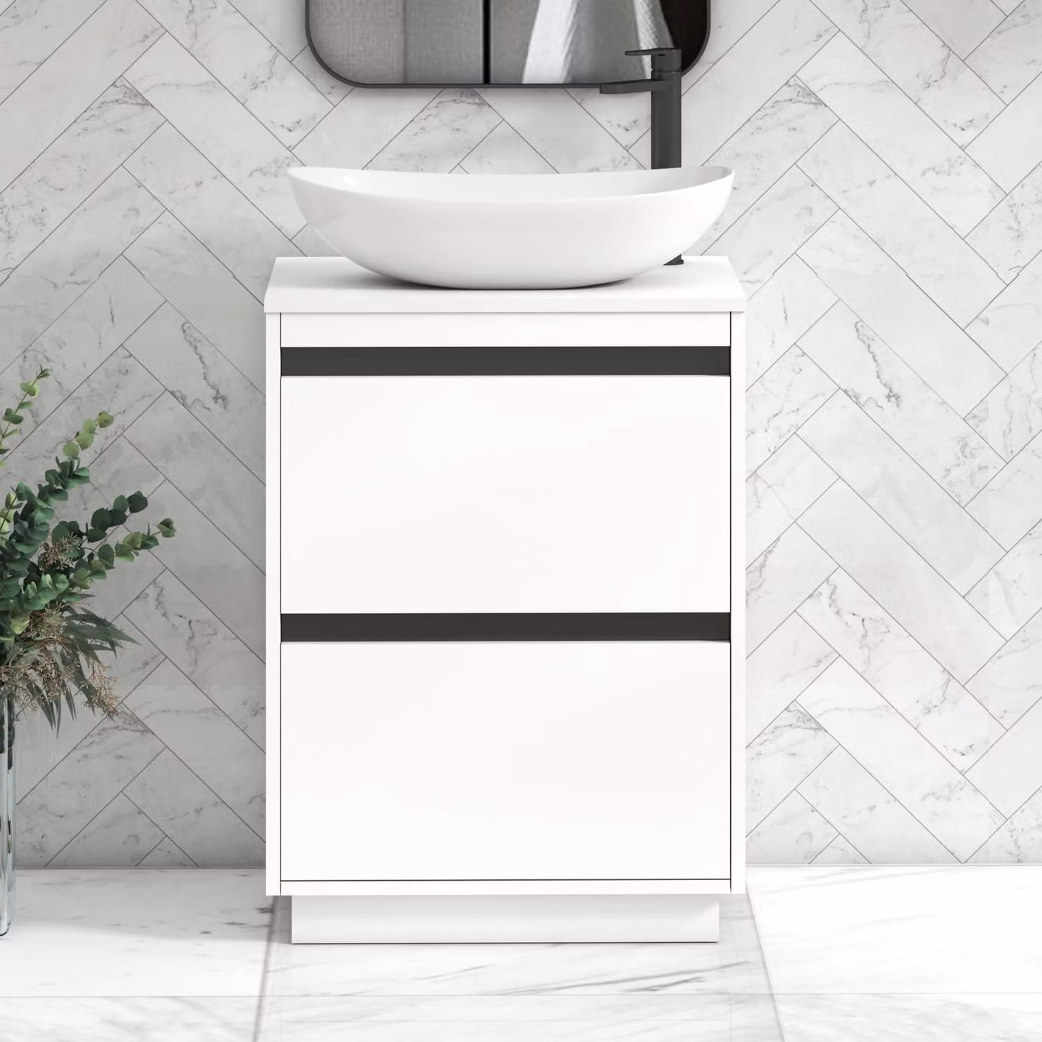 Royal Bathrooms Orion 600mm Matt White Floor Standing 2 Drawer Vanity Unit with Cesar Basin and Black Accent Trim