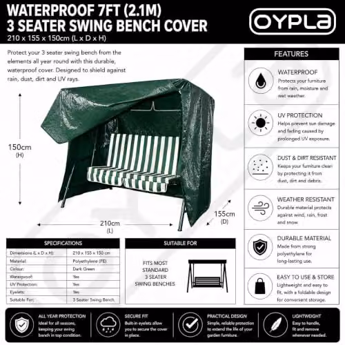 Oypla Waterproof Green 3 Seater Garden Swing Bench Cover – 3