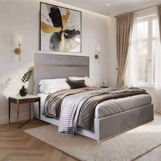 Casani Fladbury Upholstered Velvet Designer Bed Frame in Grey, W/D/H: 120 x 137 x 128 cm
